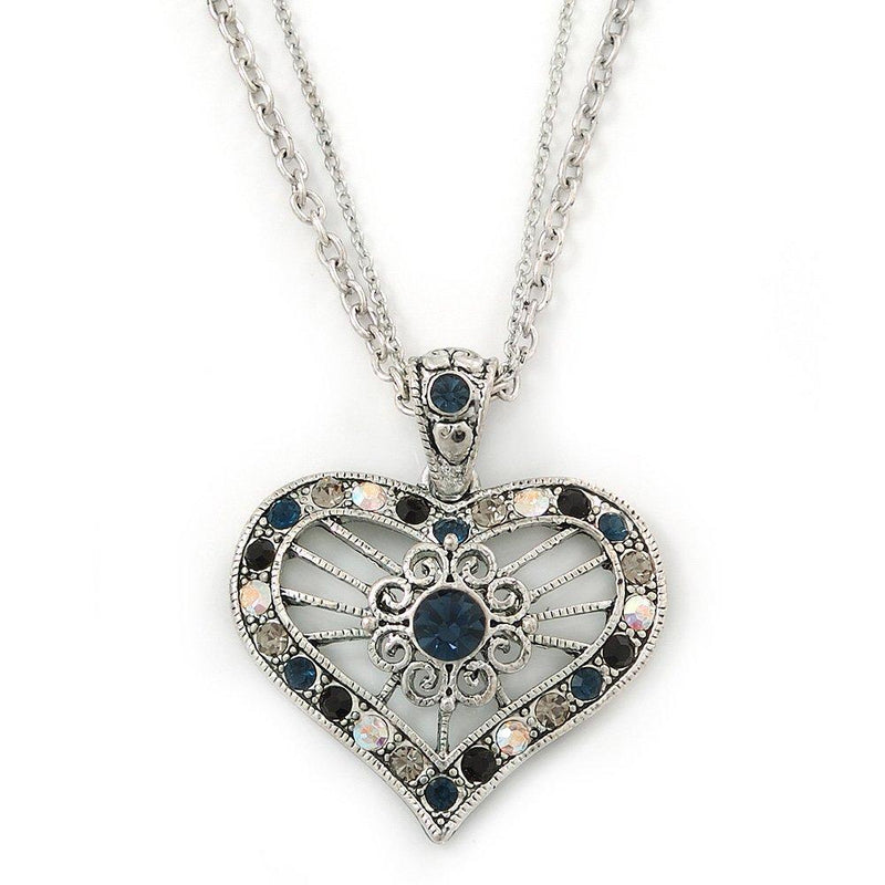 [Australia] - Avalaya Open, Filigree Crystal Heart Pendant with Double Chain in Silver Tone - 38cm L/ 5cm Ext 