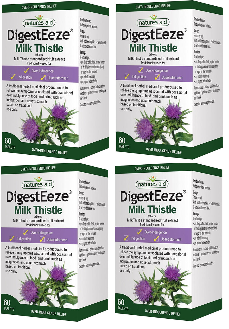 [Australia] - Natures Aid DigestEeze Milk Thistle, 60 Tablets (Relief of Over-Indulgence, Indigestion and Upset Stomach, Equivalent to 2750-6600 mg Milk Thistle, Made in the UK, Vegan Society Approved) (Pack of 4) 