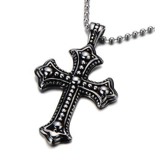 [Australia] - COOLSTEELANDBEYOND Gothic Vintage Cross Pendant Necklace Stainless Steel Unisex Silver Black with 23.6 in Ball Chain 