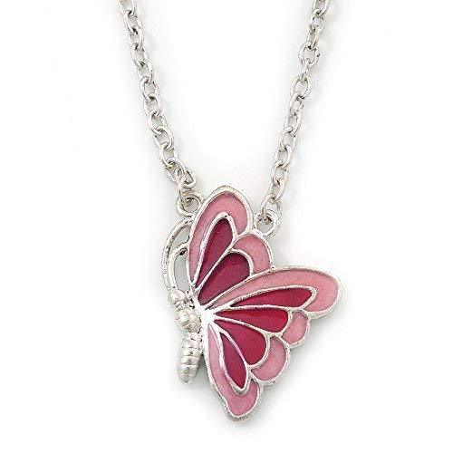 [Australia] - Avalaya Pink Enamel Butterfly Pendant with Silver Tone Chain - 38cm Length/ 7cm Extension 