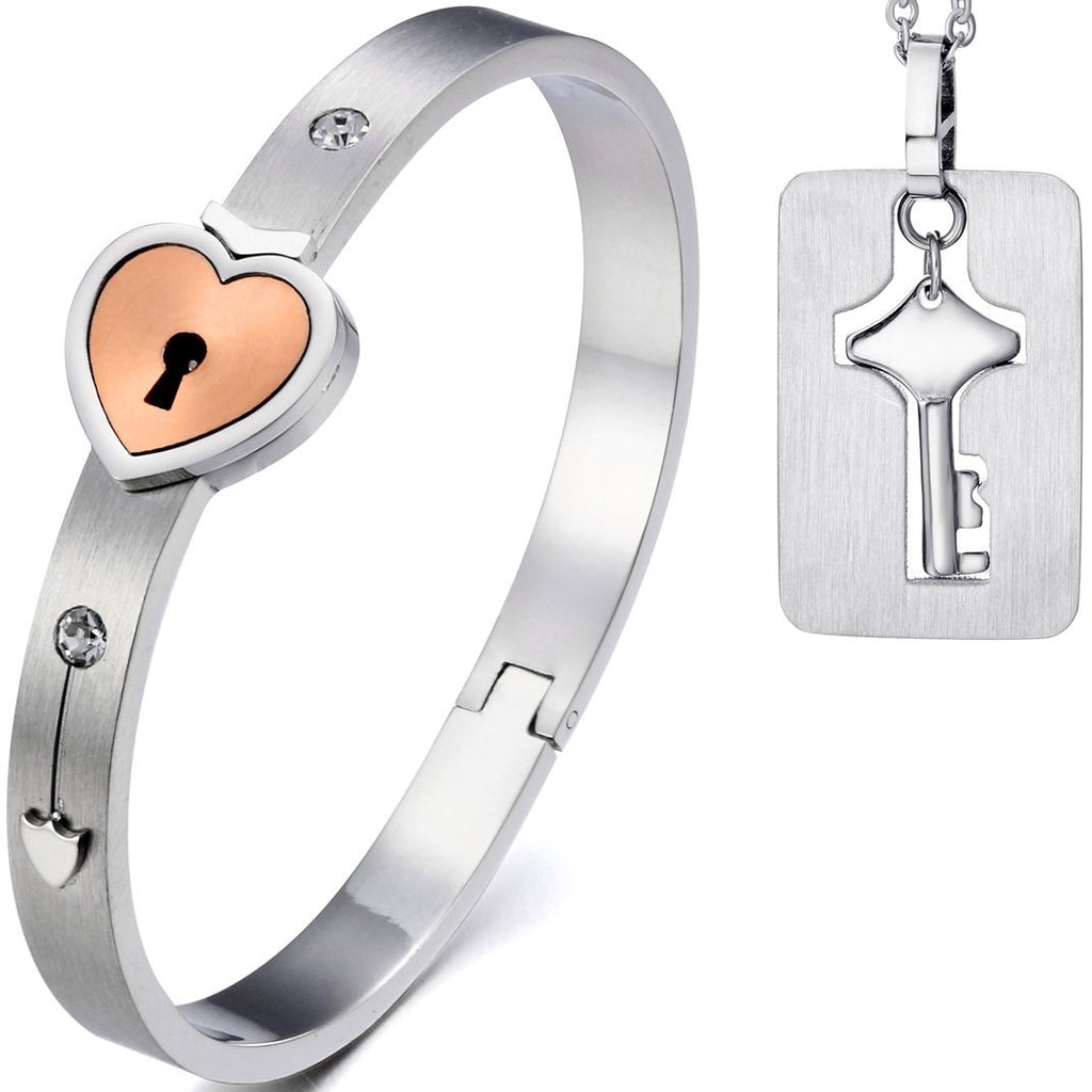 [Australia] - JewelryWe 2pcs New Lovers Stainless Steel Heart Lock Love Bangle Bracelet &Key Tag Pendant Necklace Set Silvergold-no Engraving 