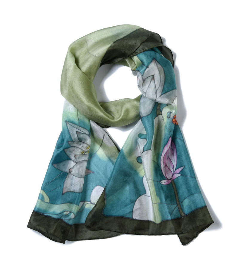 [Australia] - Invisible World Women's 100% Silk Scarf Hand Painted Dragonfly Lotus Flowers 