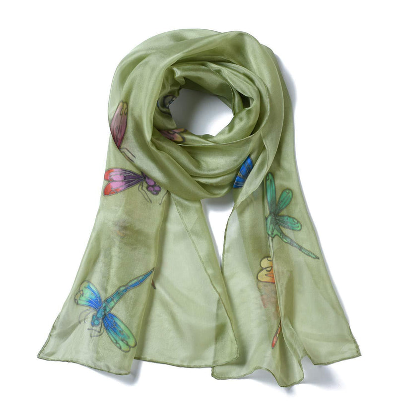 [Australia] - Invisible World Women's 100% Mulberry Silk Scarf Hand Painted Dragonfly Long for Neck Hair or Head - Grey Green 