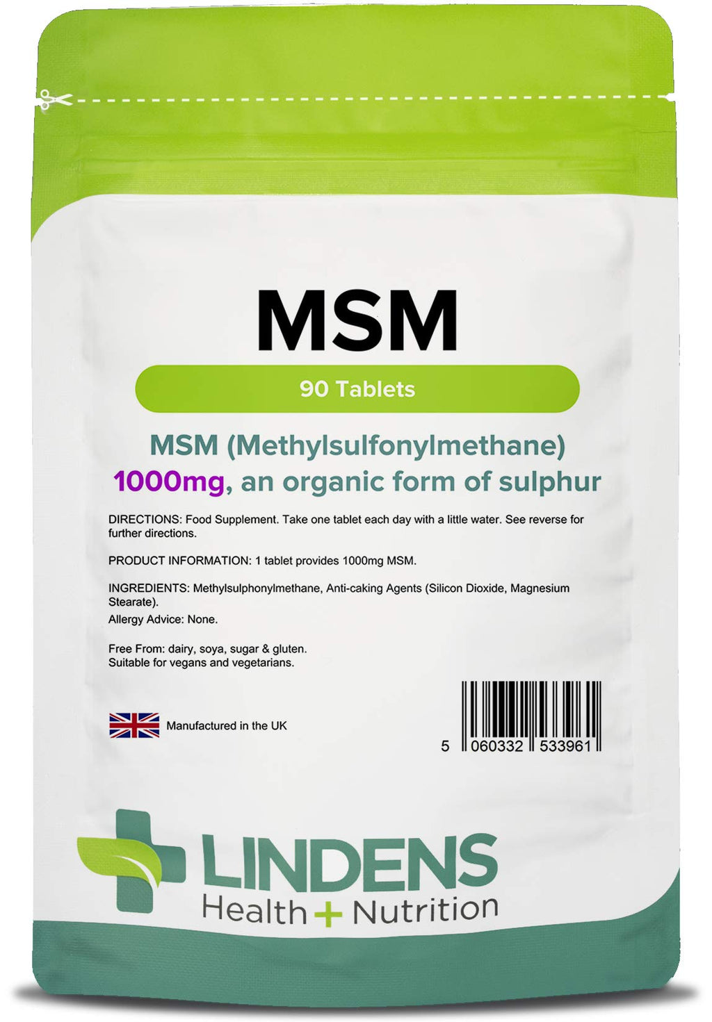 [Australia] - Lindens MSM 1000mg - 90 Vegan Tablets - Rich in Sulphur, Joint Support, Tissue, Joint Care Supplements | Natural Sulfur | (Methylsulfonylmethane) | (3+ Months Supply), UK Made, Letterbox Friendly 90 Count (Pack of 1) 