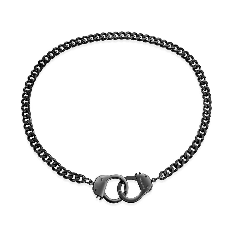 [Australia] - Biker Jewelry Working Lock Partners in Crime Black Handcuff Statement Necklace for Men for Women Black Or Silver Tone Stainless Steel 