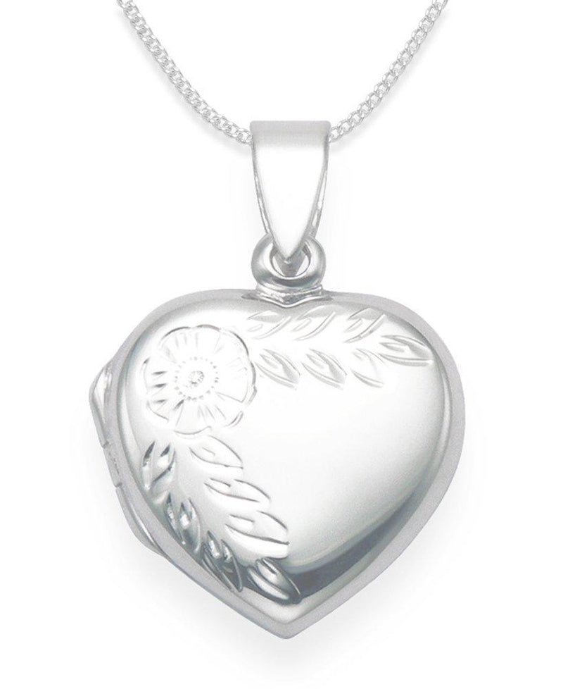[Australia] - 925 Sterling Silver Heart Locket Necklace with flower engraving on 16" curb chain 3gms - SIZE: 17mm x 17mm. Gift boxed 8021 