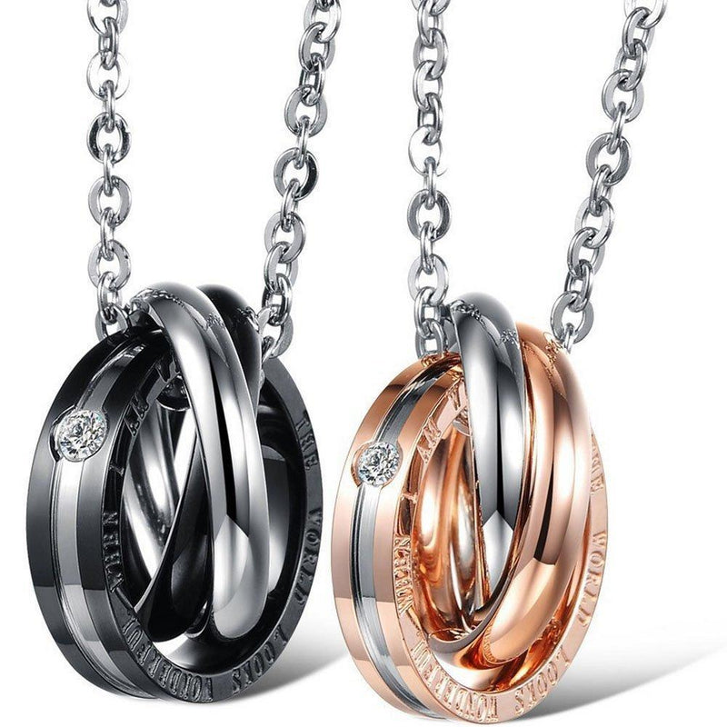 [Australia] - JewelryWe Valentine Love Black Tone & Rose Gold Tone Stainless Steel Triple Rings Pendant Necklace for Men Women 18"/20" Chain Included (with Gift Bag) Black&rose Gold(a Pair) 