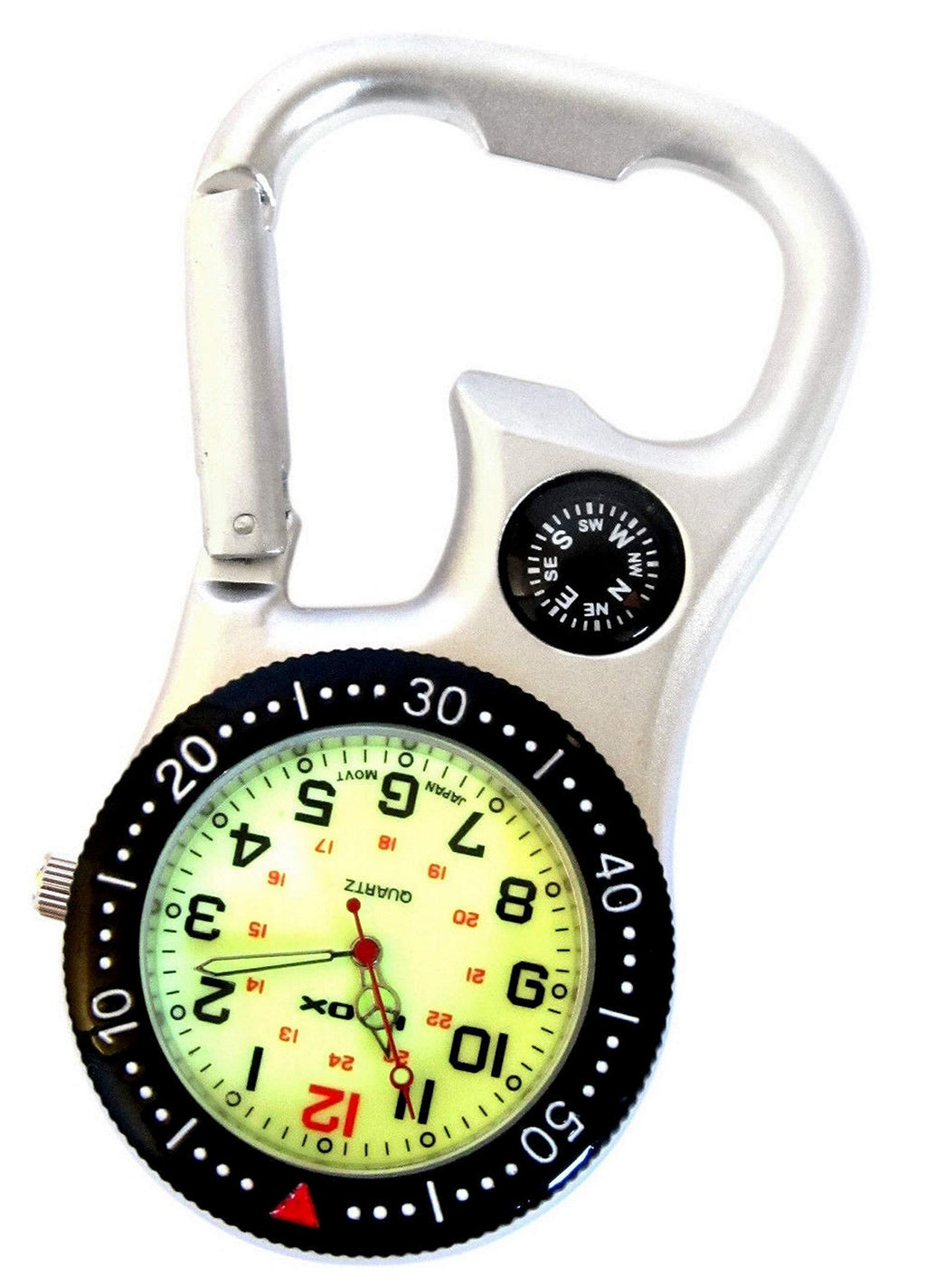 [Australia] - White Silver Clip on Carabiner FOB Watch with Green Luminous Face and Compass and Bottle Opener for Doctors Nurses Paramedics Chefs 