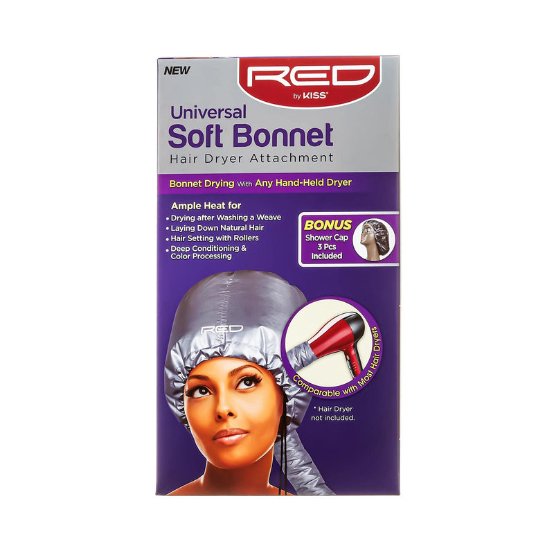 [Australia] - Red by KISS Universal Soft Bonnet Hair Dryer Attachment Works with ANY Hand Held Dryer Bonus 3pcs Shower Cap Included 