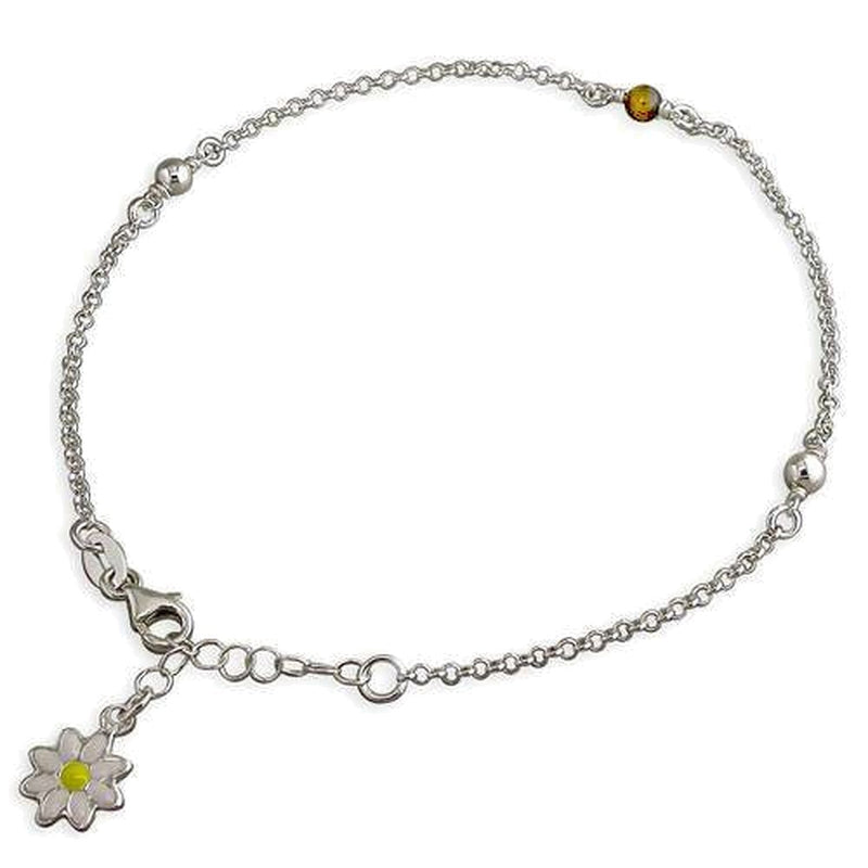 [Australia] - 10 Inch Enamel Daisy Charm With Tigers Eye & Ball Beads Sterling Silver Anklet/Ankle Bracelet/Ankle Chain - 925 Sterling Silver - 8.5 to 10 Inch/21.5 to 25 cm - Belcher Chain - Anklets for Women 