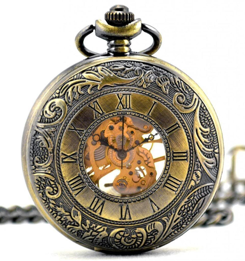 [Australia] - Infinite U High-end Dual Time Display Hollow Skeleton Steel Mechanical Pocket Watch Bronze 