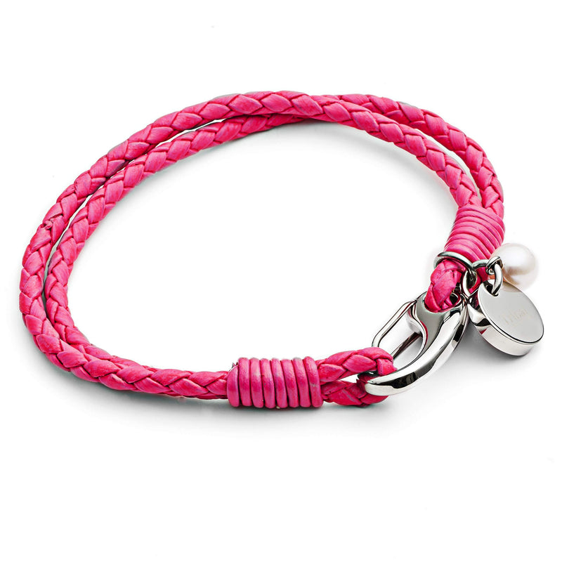 [Australia] - XL Womens Vivid Pink Leather 2-Strand, Charm Bracelet with Freshwater Pearl and Tribal Steel Disc Charm by Tribal Steel. Stainless Steel shrimp clasp in 21cm. Easy to Use Clasp. Great Gift by Tribal S 