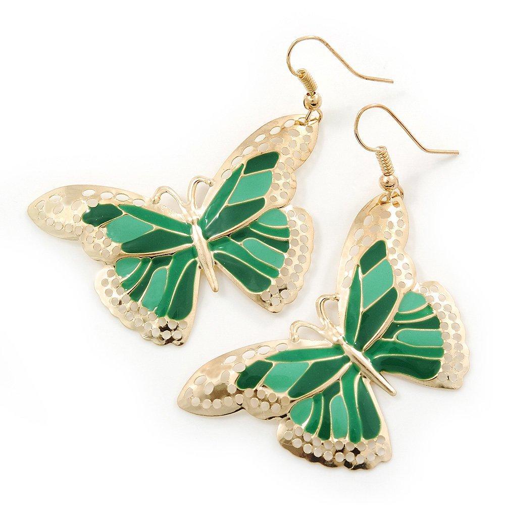 [Australia] - Lightweight Green Enamel Butterfly Drop Earrings In Gold Tone - 60mm L 