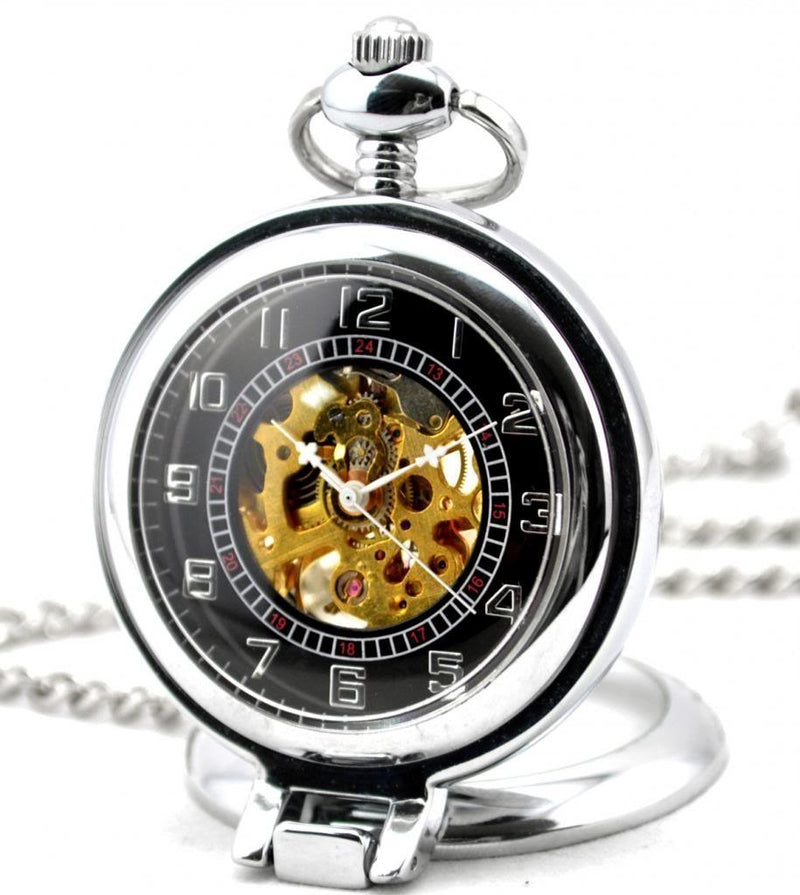 [Australia] - Infinite U Hollow Skeleton Right Angle Magnifier Steel Mechanical Movement Pocket Watch Silver 