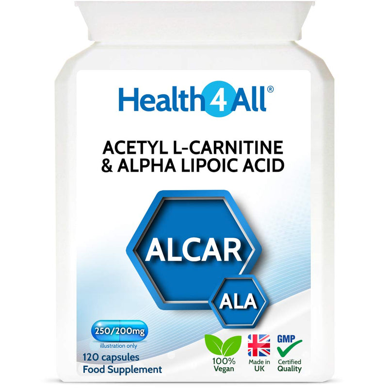 [Australia] - Acetyl L-Carnitine 250mg & Alpha Lipoic Acid 200mg 120 Capsules (V) . Vegan ALCAR ALA Capsules. Made in The UK by Health4All 120 Count (Pack of 1) 