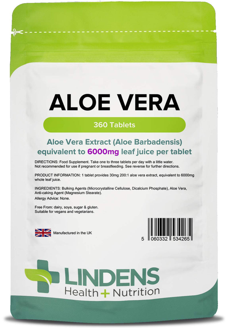 [Australia] - Lindens Aloe Vera 6000mg Tablets - 360 Pack - Concentrated Extract, Equivalent to 6000mg Aloe Vera Leaf Juice - UK Manufacturer, Letterbox Friendly 