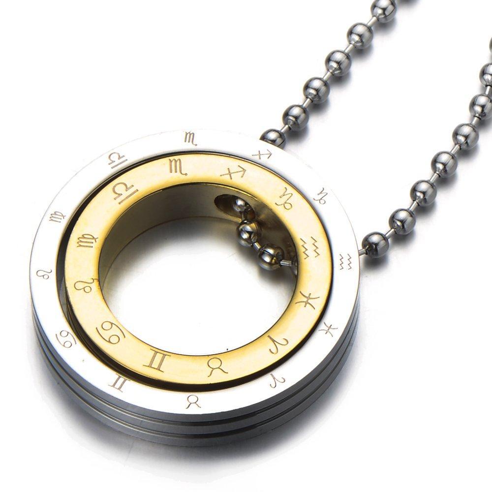 [Australia] - COOLSTEELANDBEYOND Unisex Zodiac Signs Ring Pendant Necklace Steel Silver and Gold Two-Tone with 23.6 in Ball Chain ¡­ 