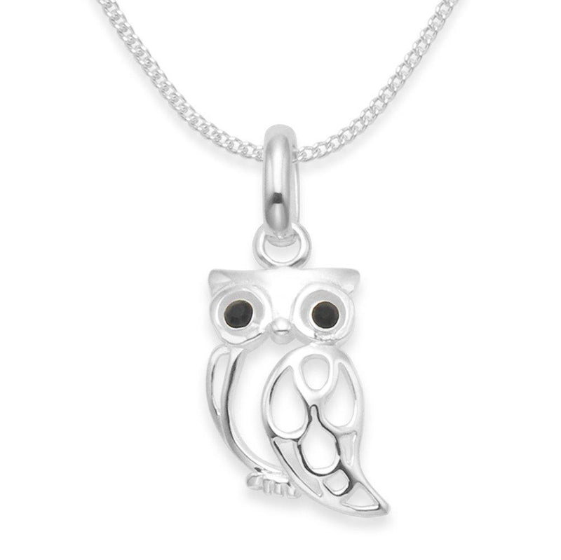 [Australia] - Sterling Silver Owl Necklace on Silver chain with black Cubic Zirconia eyes - SIZE: Small - 8mm x 14mm 8239BKZ. 18.0 Inches 