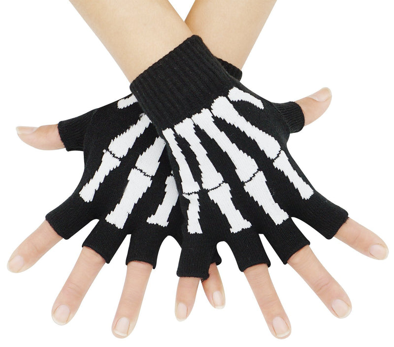 [Australia] - Unisex Stretchy Fingerless Hand Warmer Skeleton Gloves White 