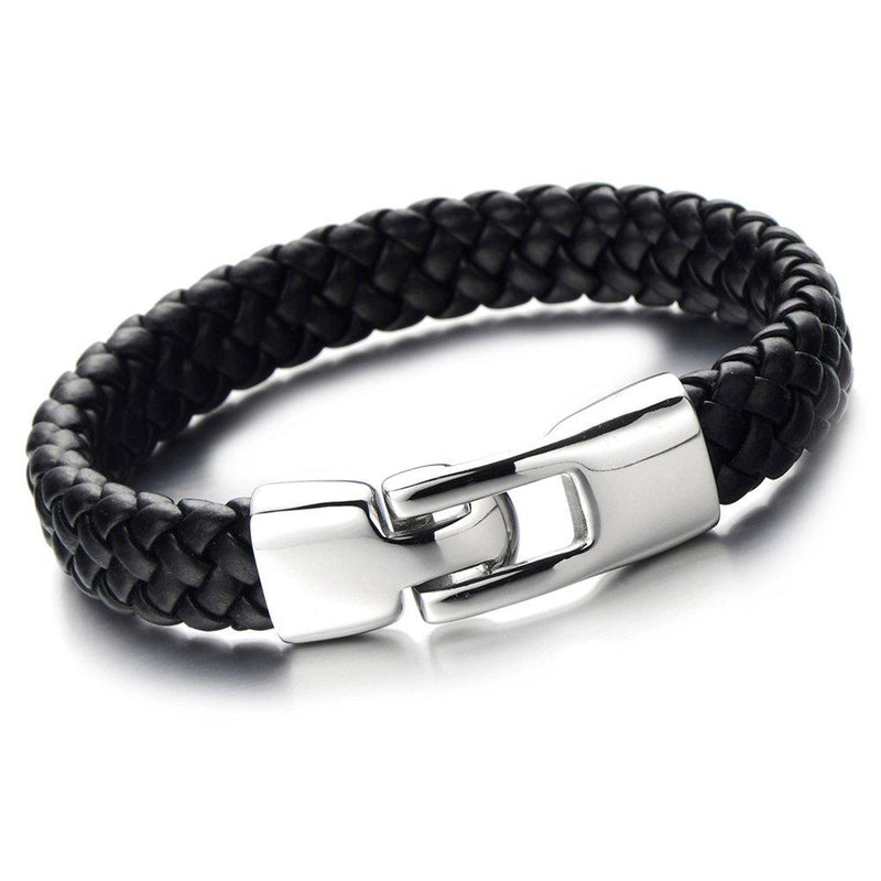 [Australia] - COOLSTEELANDBEYOND Handsome Black Braided Leather Bracelet for Mens for Boys Genuine Leather Bangle Wristband 