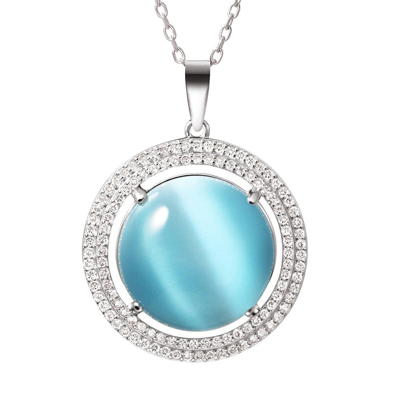 [Australia] - Franki Baker Statement Blue Cat's Eye & Crystal Pendant Necklace 925 Sterling Silver Chain:50cm+5cm Pendant 2.5cm 