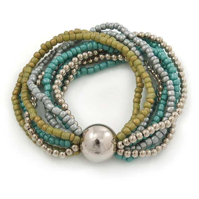 [Australia] - Silver/Grey/Olive/Green Multistrand Glass Bead Flex Bracelet with A Silver Mirrored Ball - 19cm L 