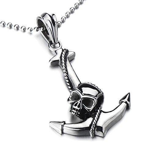 [Australia] - COOLSTEELANDBEYOND Mens Skull Marine Anchor Pendant Necklace Stainless Steel with 23.4 in Ball Chain 
