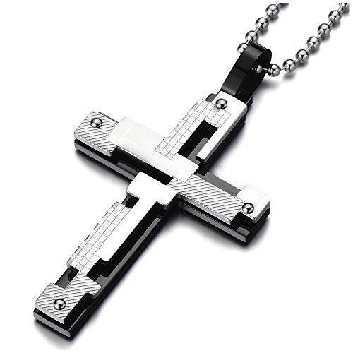 [Australia] - COOLSTEELANDBEYOND Stainless Steel Mens Cross Pendant Necklace Irregular Double-Layer Checkered Design Silver Black Two-Tone 