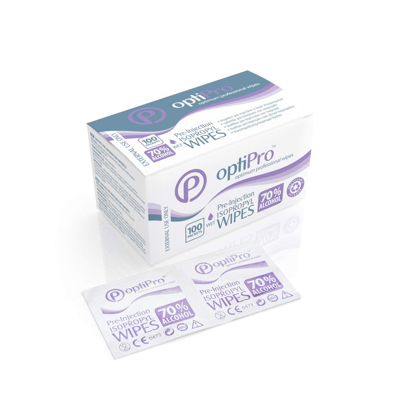 [Australia] - OptiPro Pre-Injection Wipes (x100) - Individually Wrapped Disposable Medical Skin Cleaning Easy-Tear 70% Isopropyl Alcohol Sachet Wipes (Pack of 100 Wipes) 100 Count (Pack of 1) 