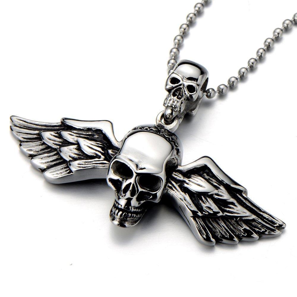 [Australia] - COOLSTEELANDBEYOND Stainless Steel Angle Wings Skull Pendant Necklace for Men for Women Gothic Punk Rock 23.6in Chain 