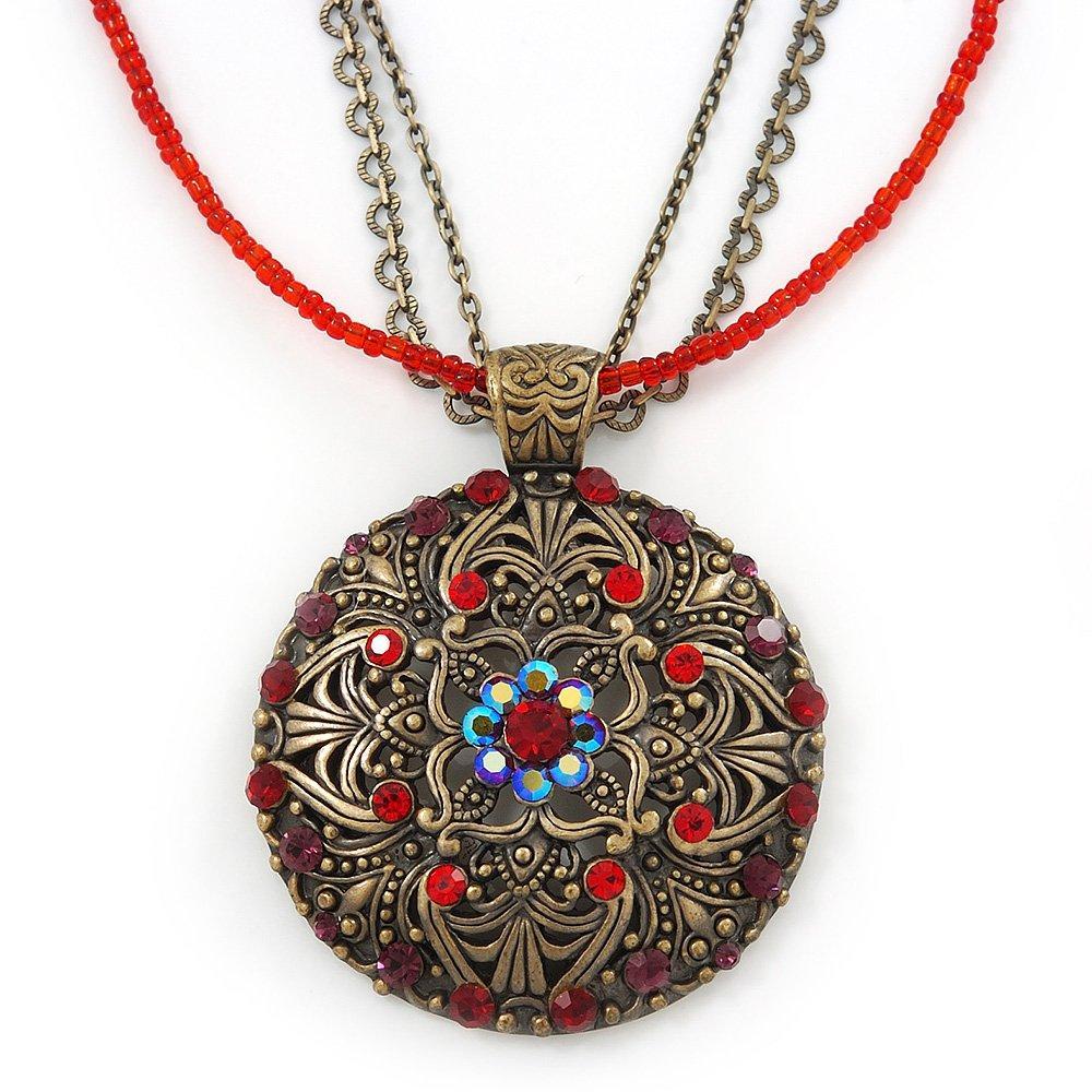 [Australia] - Avalaya Vintage Inspired Red Crystal Filigree Medallion Pendant with Multi Chains - 34cm L/ 5cm Ext 
