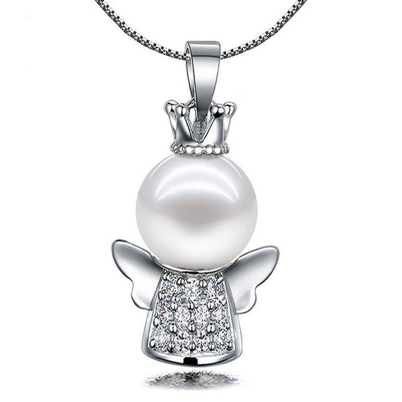 [Australia] - findout pearl necklace for women 925 sterling silver angel necklace Cubic Zirconia crown angel 10 mm pearl pendant necklace Gift For Women Girls With Jewellery Box silver Chain(F1069) 