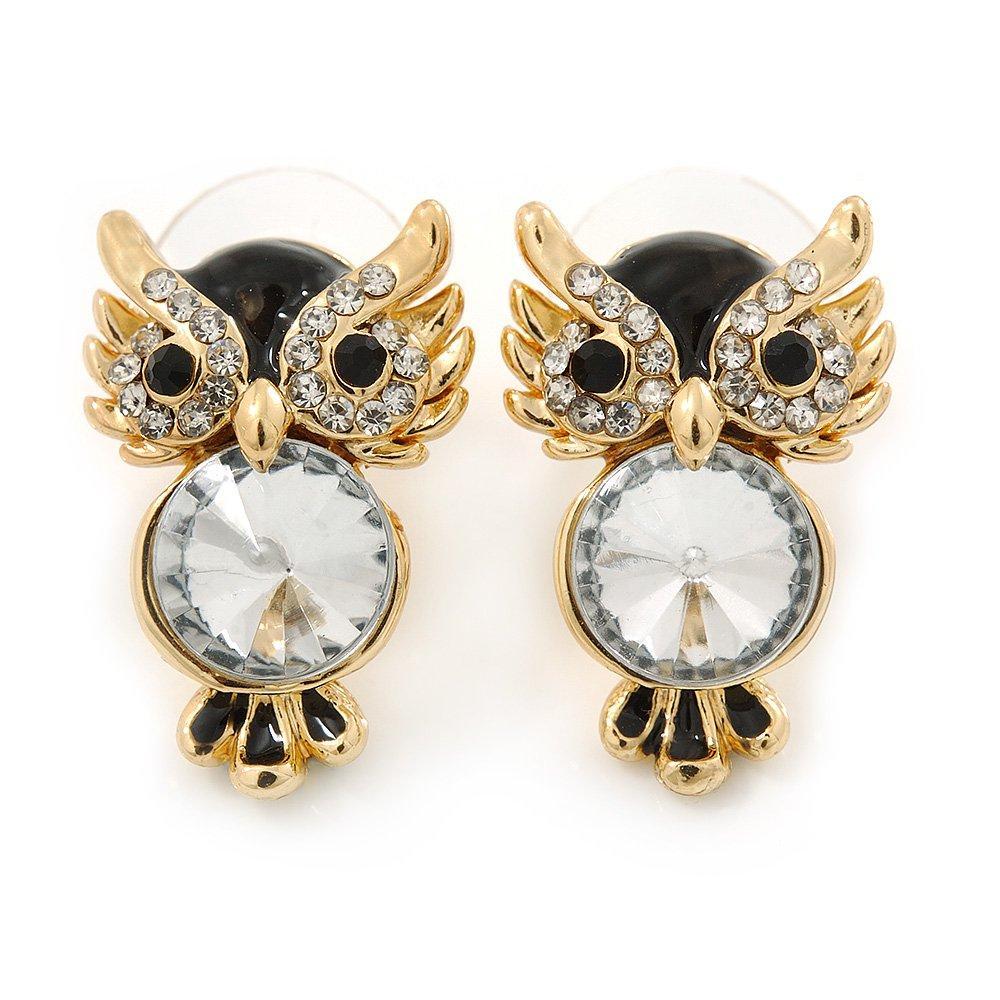 [Australia] - Crystal, Black Enamel Owl Stud Earrings In Gold Plating - 20mm L 