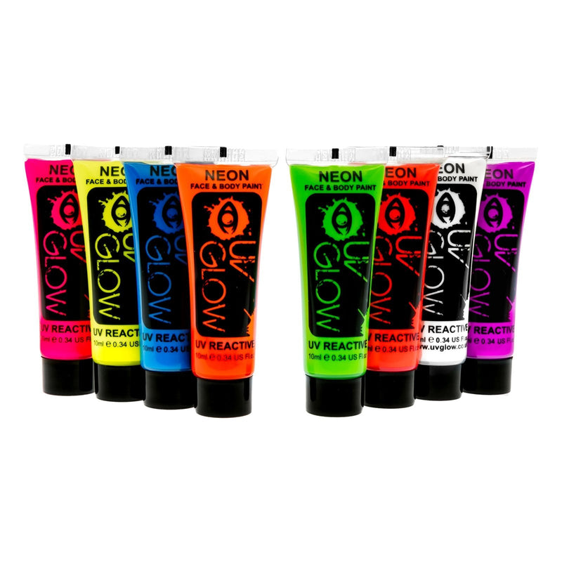 [Australia] - UV Glow Neon Face and Body Paint Set of 8 Tubes - Fluorescent - Brightest glow under UV! 