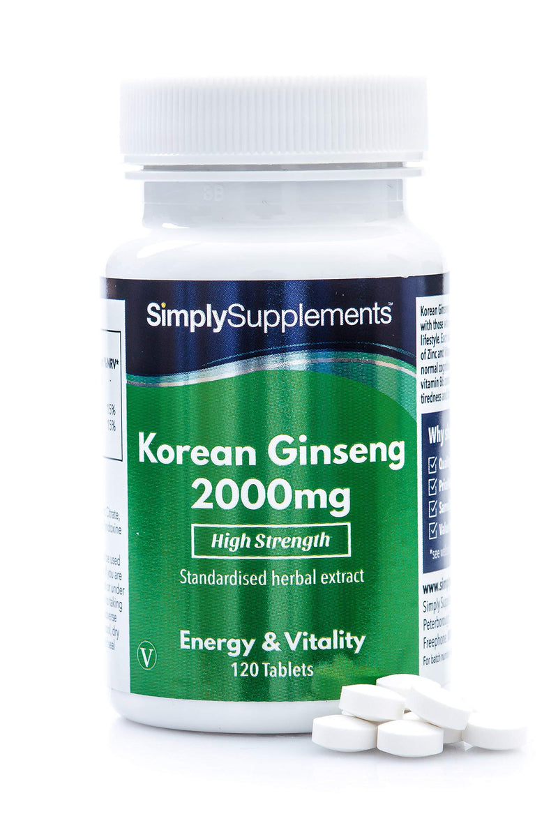 [Australia] - Korean/Panax Ginseng 2000mg | 120 High Strength Ginseng Tablets | Vegan & Vegetarian Friendly | Supplement Supports Cognitive Function While Reducing Tiredness and Fatigue | Manufactured in The UK 120 Count (Pack of 1) 