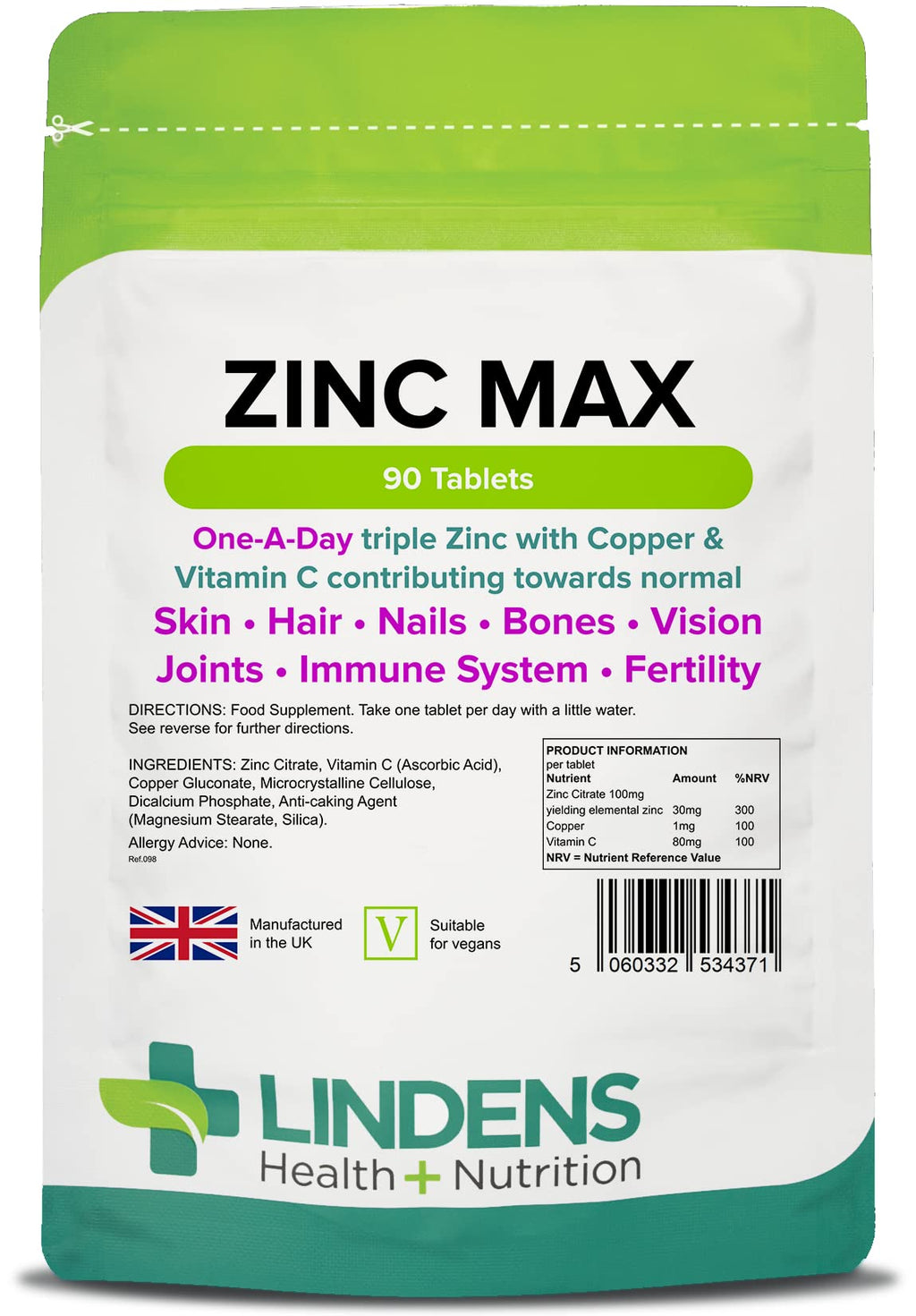 [Australia] - Lindens Zinc Max Tablets - 90 Pack - Provides 300% Nrv Dose and Fortified with Vitamin C & Copper to Contribute Towards Healthy Hair, Skin, Nails, Vision & Hormone Balance - UK Manufacturer, Letterbox Friendly 