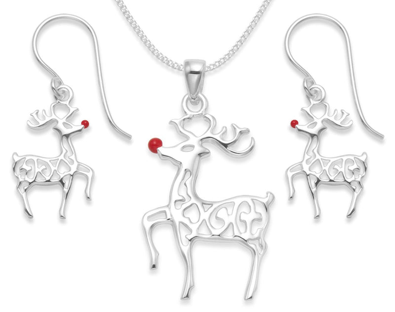 [Australia] - Sterling Silver Rudolph the Red Nosed Reindeer Necklace & Earrings with silver chain - Christmas Gift Boxed. CHOOSE CHAIN LENGTH BELOW. 8094/6094/chain 16.0 Inches 