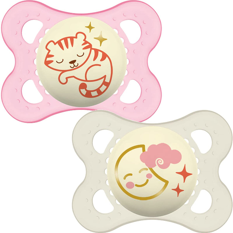 [Australia] - MAM Night Soothers 0-6 Months (Pack of 2), Glow in the Dark Baby Soothers with Self Sterilising Travel Case, Newborn Essentials, Pink/White, (Designs May Vary) 