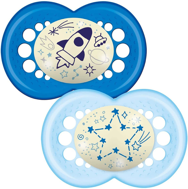 [Australia] - MAM Night Soothers 12+ Months (Pack of 2), Glow in the Dark Baby Soothers with Self Sterilising Travel Case, Newborn Essentials, Blue, (Designs May Vary) single 