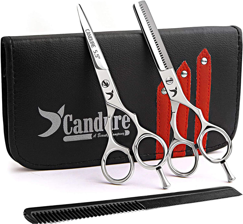 [Australia] - Candure Hairdressing Scissor Hairdresser thinning Scissor Set - 5.5 Inch Hair Cutting and Hair Scissor with Comb and Pouch - for Men, Women, Children and Professional Barbers 2 Count (Pack of 1) Silver 