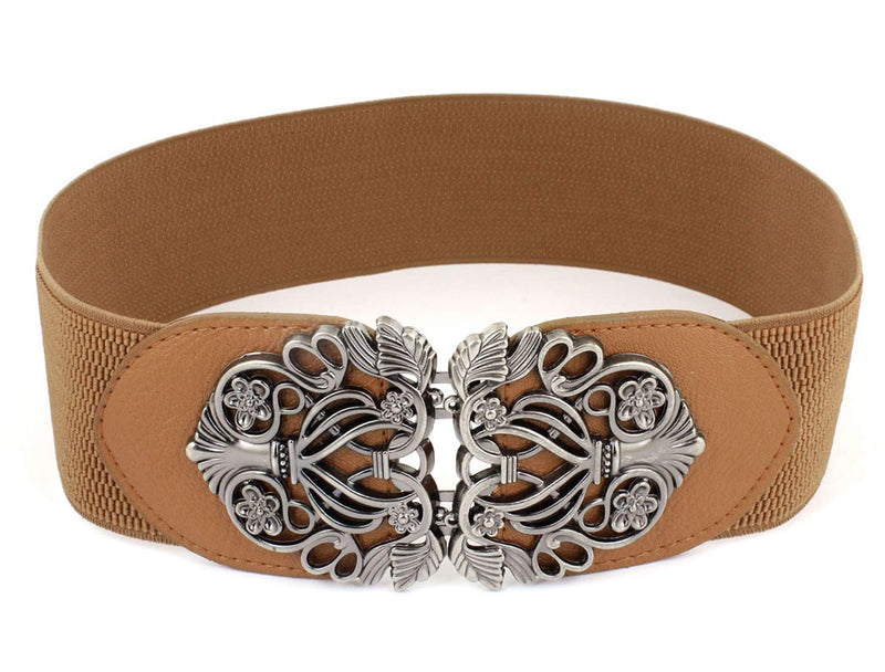 [Australia] - sourcingmap Knot Woven Metal Interlocking Buckle Elastic Waist Cinch Belt Band Foral Buckle Brown-silver Tone 