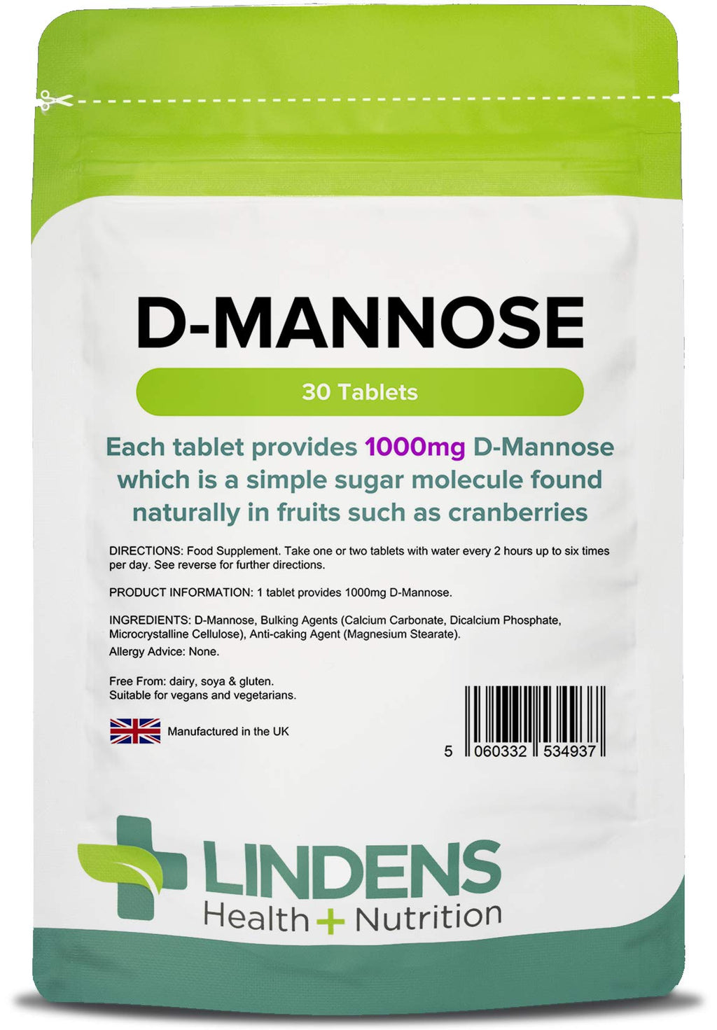 [Australia] - Lindens D-Mannose 1000mg Tablets - 30 Pack - Each Tablet Provides 1000mg D Mannose - UK Manufacturer, Letterbox Friendly 