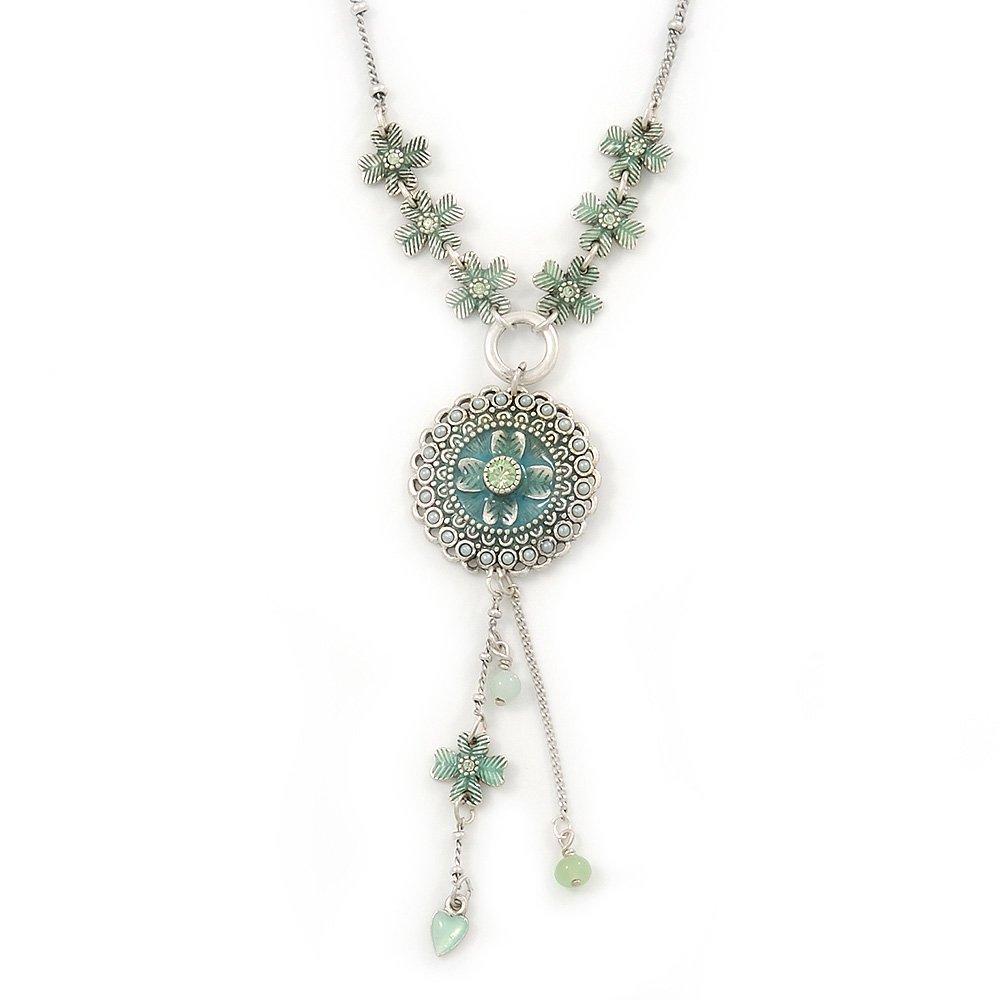 [Australia] - Avalaya Light Green Enamel, Crystal Flower Pendant with Silver Tone Beaded Chain - 38cm L/ 6cm Ext 