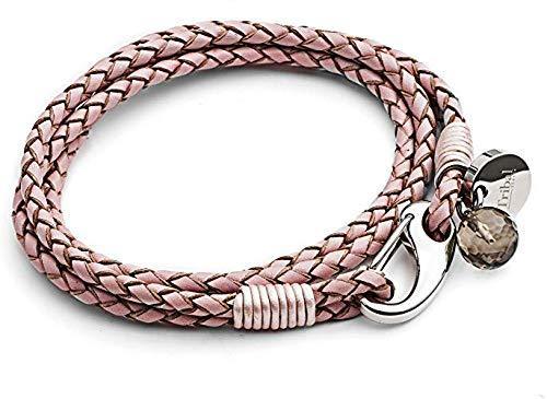 [Australia] - Pink XL Leather Charm Bracelet for Women, 4-Strand Leather Bracelet with Shrimp Clasp, Crystal Charm + Disc. XL Size 21cm, by Tribal Steel 