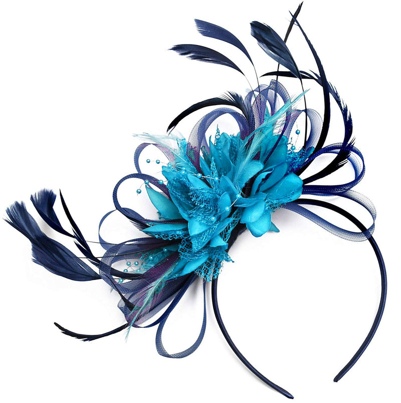 [Australia] - Net Hoop Feather Hair Fascinator Headband Wedding Royal Ascot Races One Size Navy 
