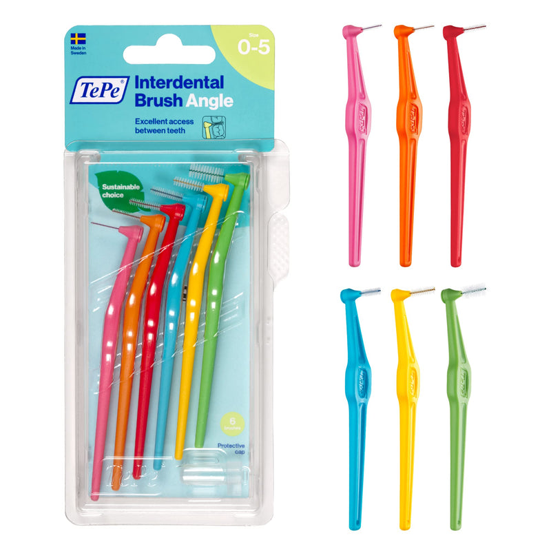 [Australia] - TePe Angle Interdental Brushes Mixed Pack - Samples of Every Size, easy and simple interspace cleaning with long handle and angled neck, 1 x 6 brushes 6 count (Pack of 1) 