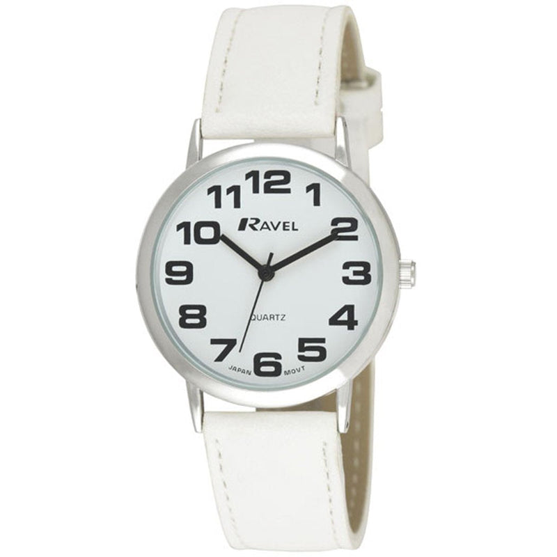 [Australia] - Ravel Women's Large Case White PU Strap Quartz Watch with White Dial R0105.13.4 