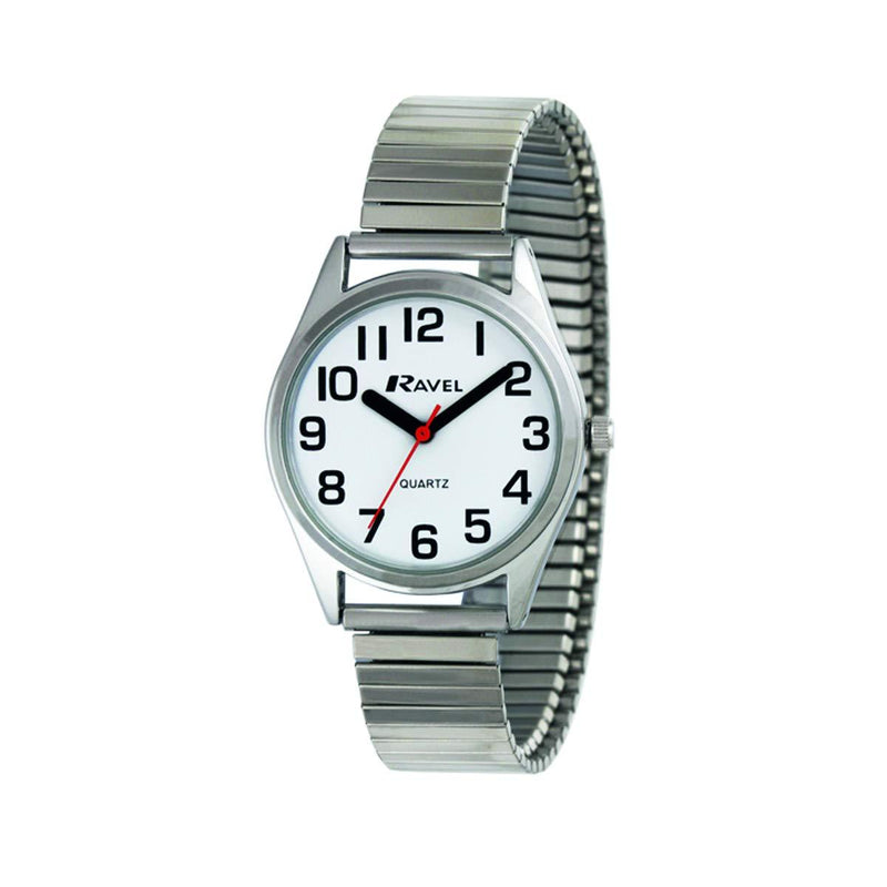 [Australia] - Ravel - Unisex Super Bold Sight Aid Watch with Big Numbers on Stainless Steel Expander Bracelet Women's - 27mm case White/Silver 