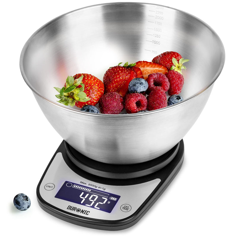 [Australia] - Duronic Kitchen Scales with Bowl for Baking KS5000BK/SS Digital Postal Parcel Weighing Scale 5KG Capacity Tare 1g Precision Stainless Steel 2.5L Bowl Black 