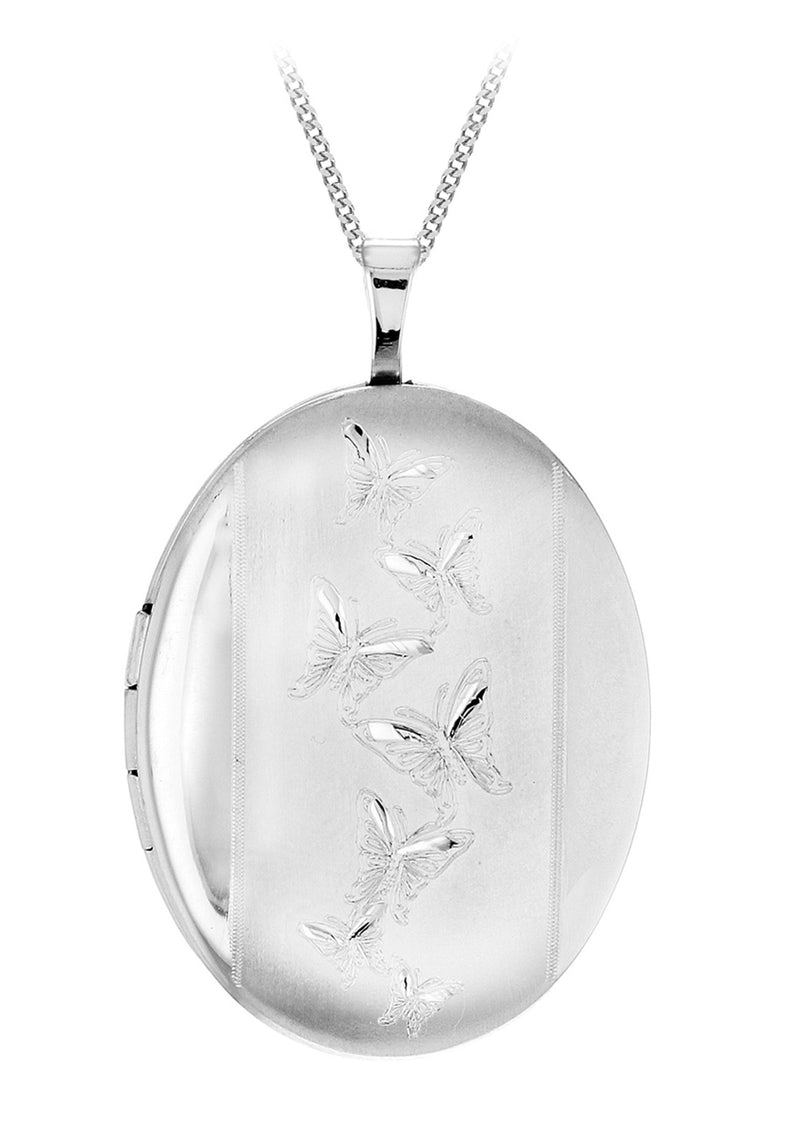 [Australia] - Tuscany Silver Sterling Silver Etched Butterfly Detail Oval Locket on Curb Chain 46cm/18" 